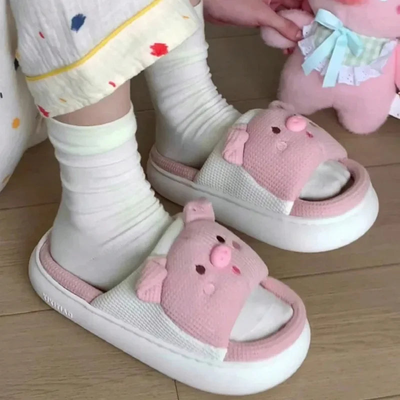 New Pink Piggy Pattern Linen Slippers