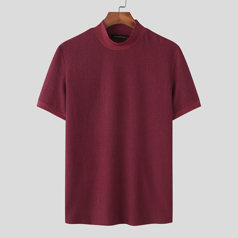 Solid Color Turtleneck Short Sleeve Men T Shirt