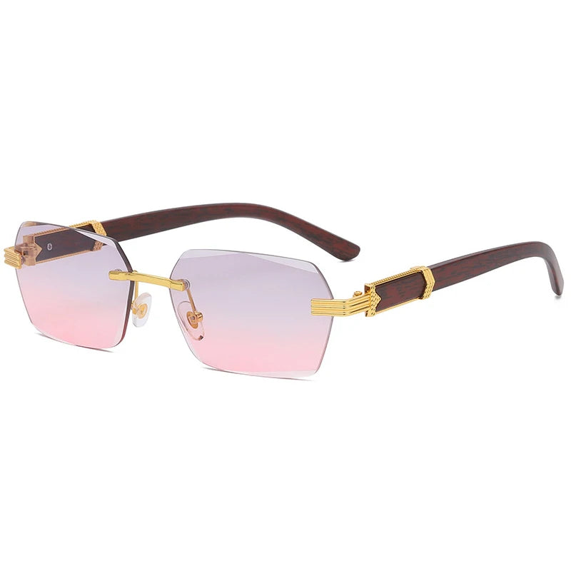Retro Square Rimless Sunglasses Fashionable Wooden Gradient Eyewear