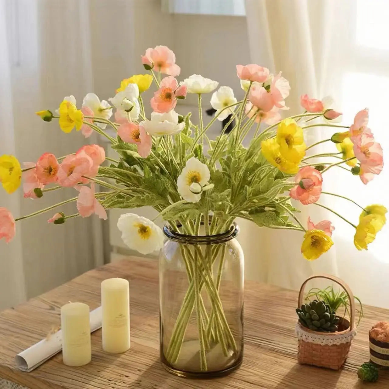 Bouquet de fleurs artificielles en soie de pavot pour décoration d'intérieur