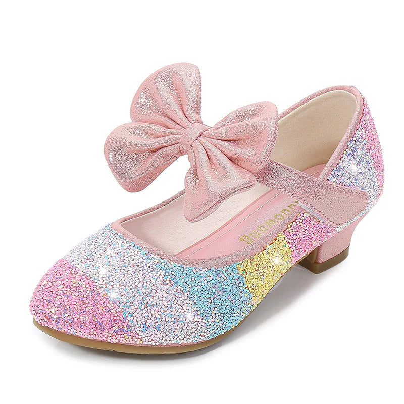 Girls Leather Glitter Bow Heeled Sandals