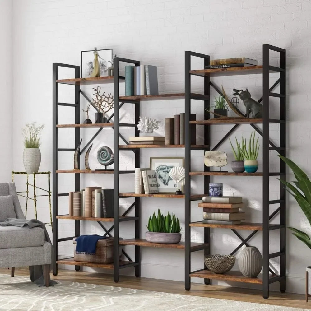 Triple Wide 5-Shelf Bookcase - Etagere Large Open Metal Vintage Wood Shelves