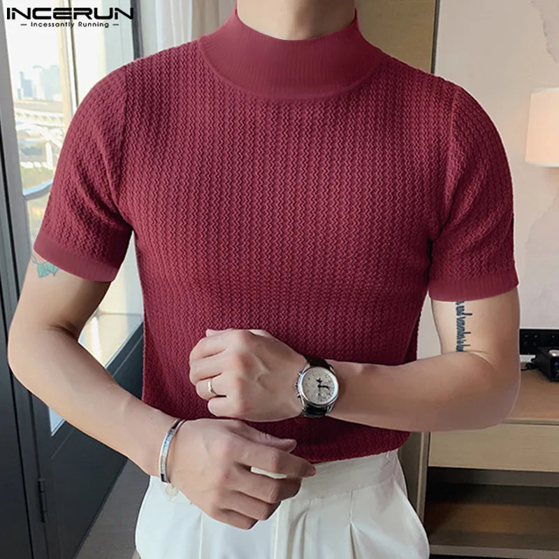 Men Knitting Half High Collar Short Sleeve T-shirts