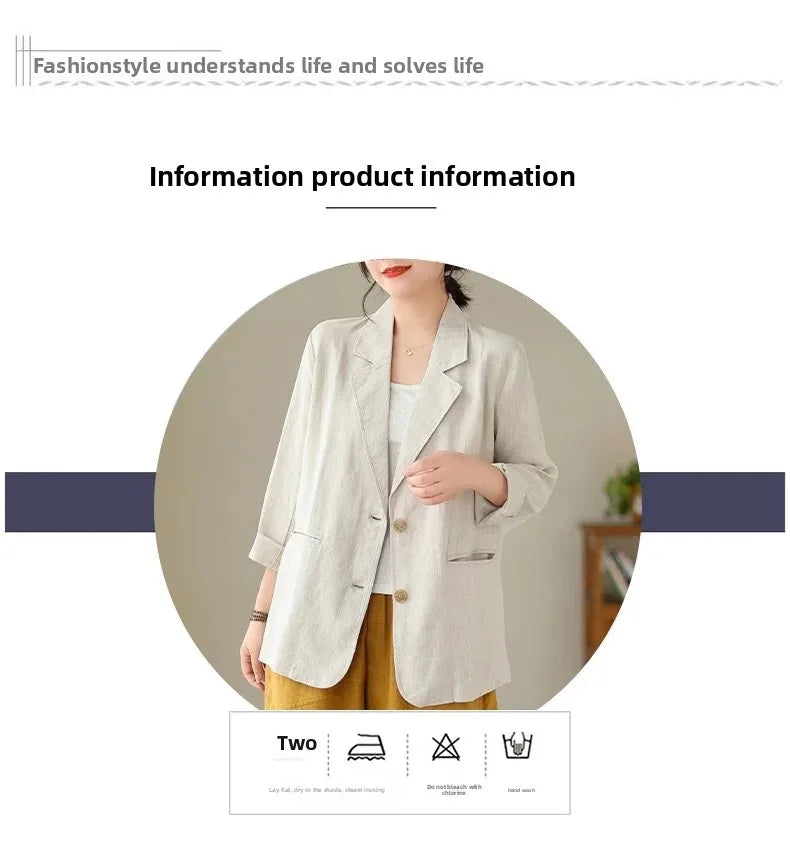 Blazer d'été à manches longues en coton et lin d'inspiration vintage avec col à revers