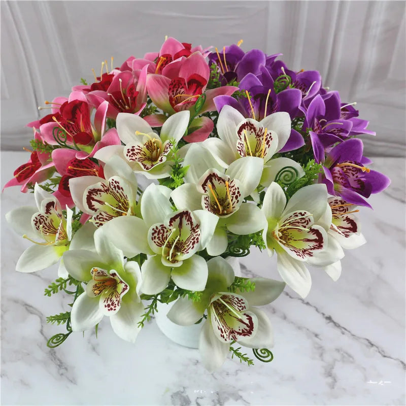 10Pcs White Silk Artificial Orchid Bouquet for Home and Wedding