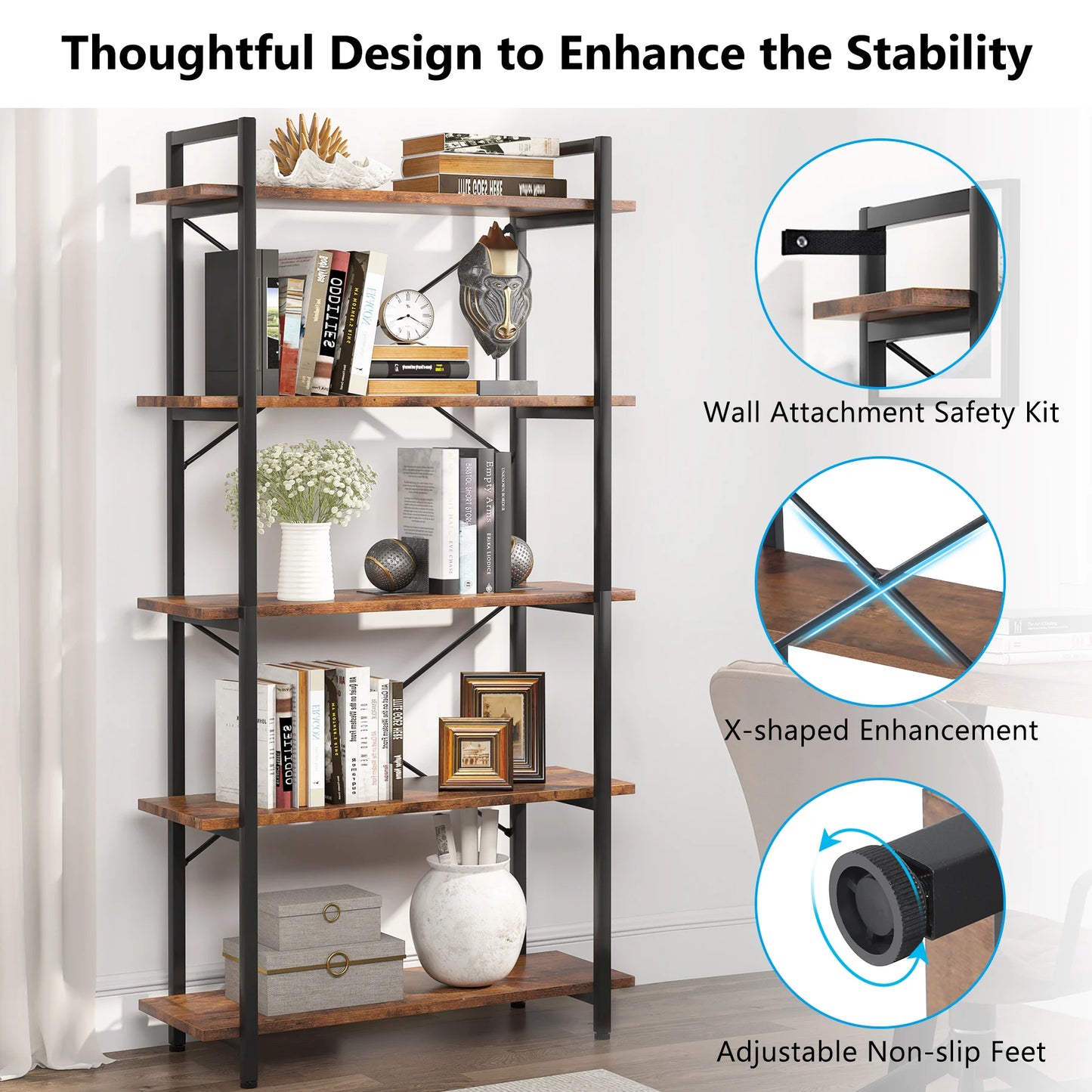 Metal Frame 5 Tier Etagere Bookcase - Rustic Tall Living Room Book Shelf  Unit