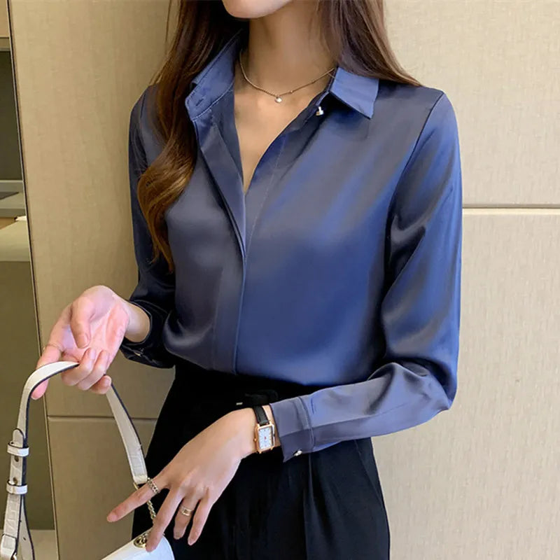 Chic Solid Satin Long Sleeve T-Shirt for Women's Fashion