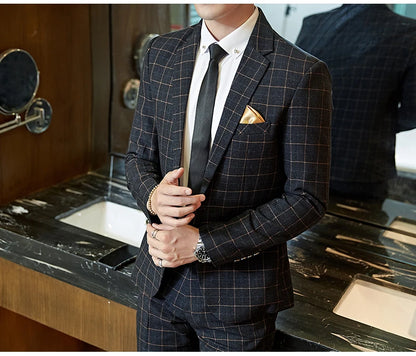 Men's Casual One-Button Plaid Two-Piece Set