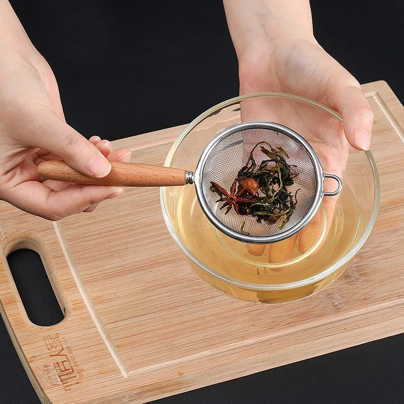 Crépines en acier inoxydable, cuillère, Mini filtre, presse-agrumes, filtre, passoire à mailles pour la cuisson et la friture, manche en bois