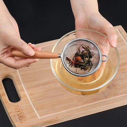 Crépines en acier inoxydable, cuillère, Mini filtre, presse-agrumes, filtre, passoire à mailles pour la cuisson et la friture, manche en bois