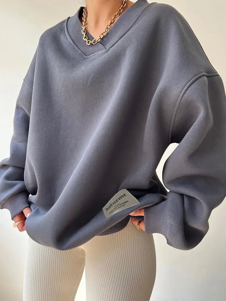 Women's Long Sleeve V-neck Loose Hoodie