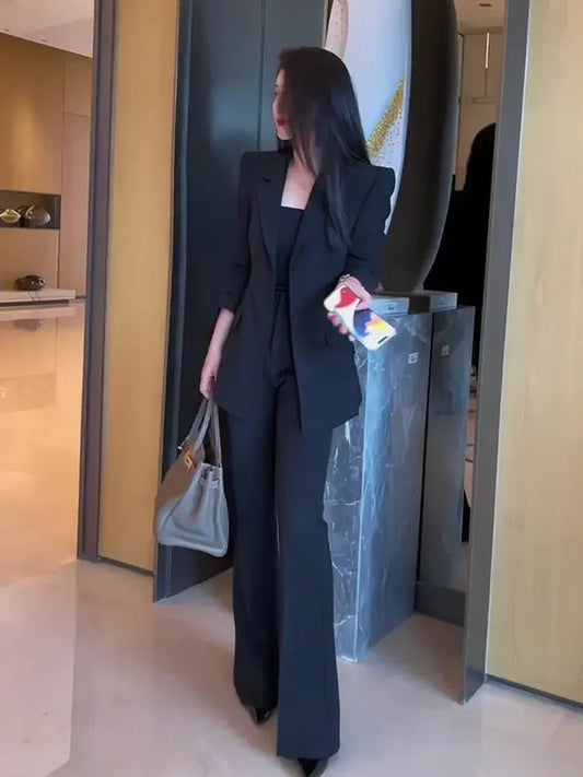 Women's Black Blazer and Wide Leg Pants Suit for Autumn Winter