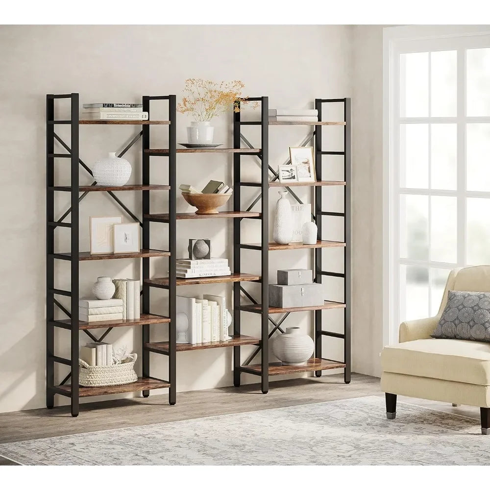 Triple Wide 5-Shelf Bookcase - Etagere Large Open Metal Vintage Wood Shelves