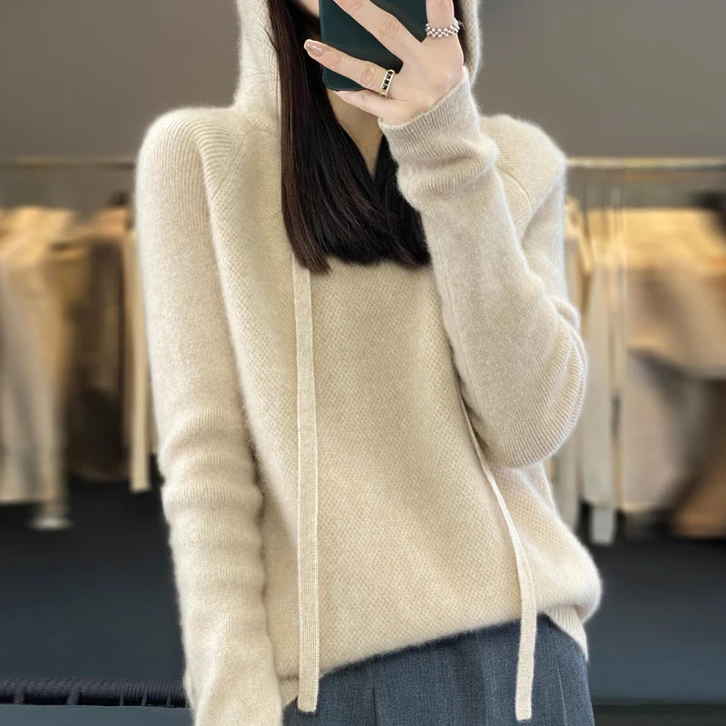 Cozy Pure Wool Hooded Sweater for Women