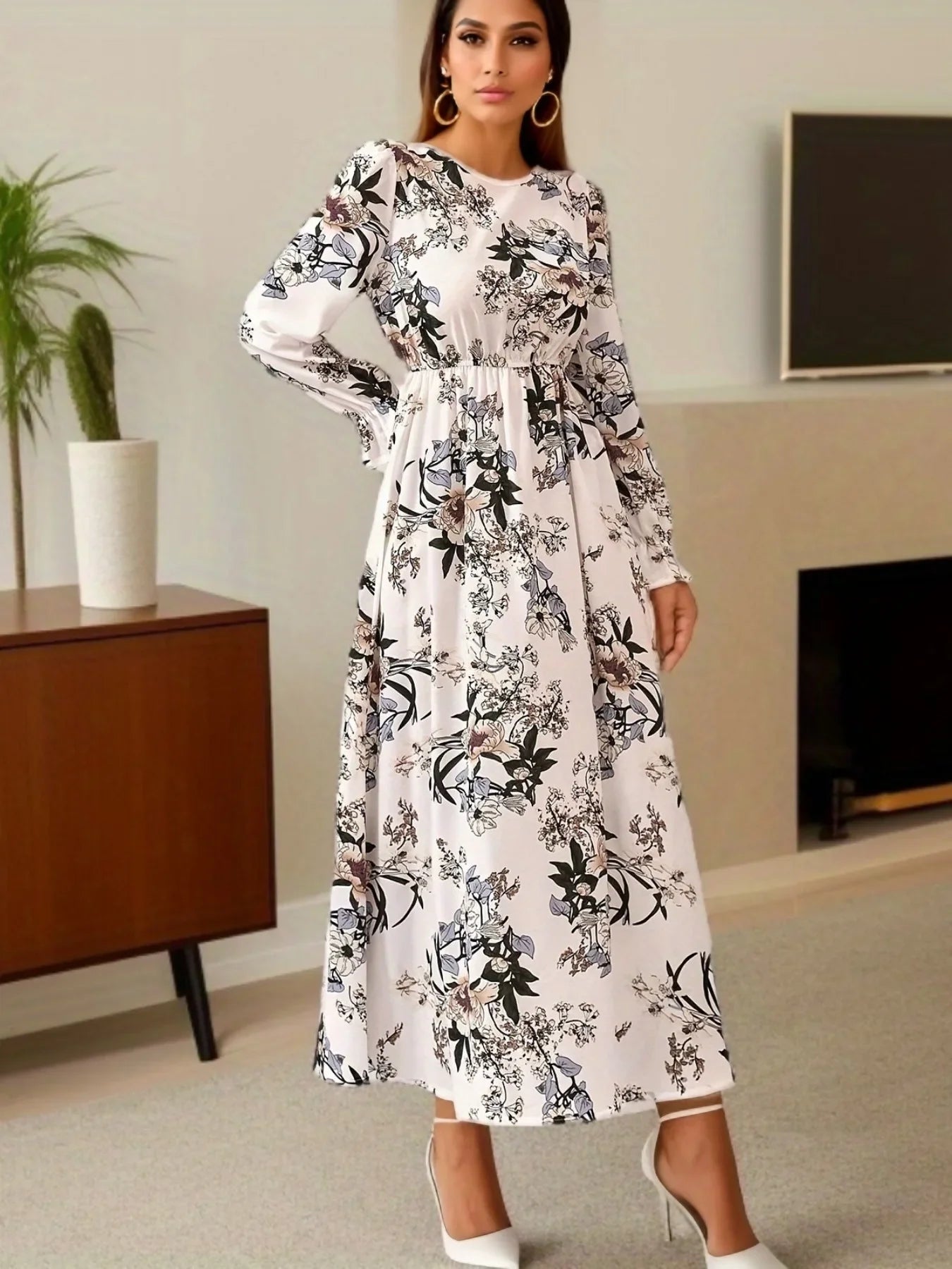 Women Maxi Dresses - Casual Full Sleeve Floral Printed O-neck Woman Bohe Beach Party Long Dress