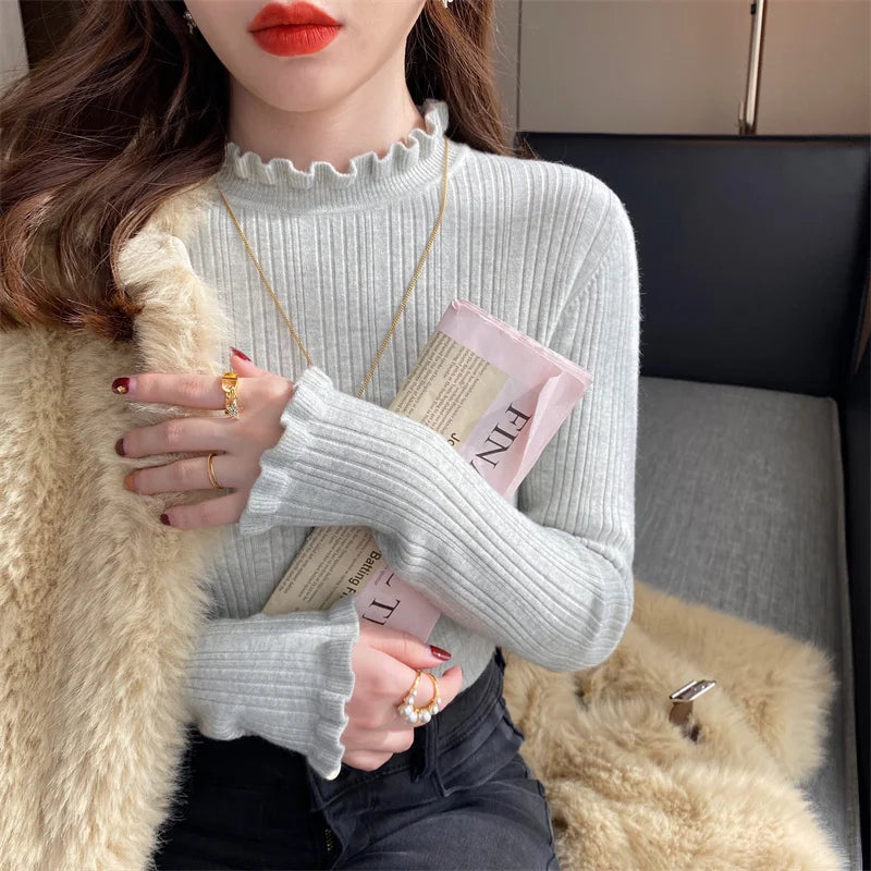 Long Sleeve Slim Elastic Knitted Women's Mock Neck Sweater