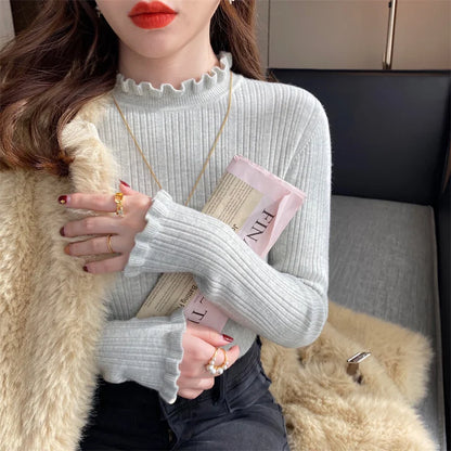 Long Sleeve Slim Elastic Knitted Women's Mock Neck Sweater