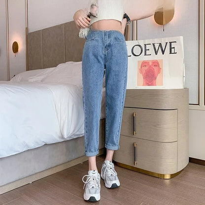 Jean amincissant taille haute pour femme, coupe ample et droite