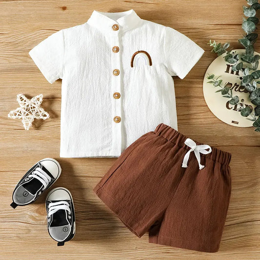 Baby Boy Cotton Embroidered Top with Brown Drawstring Pants