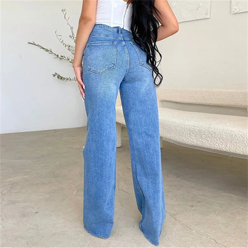 Stylish High-Waist Hollow Out Straight Jeans for Women