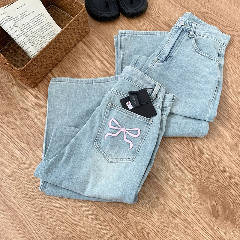 Korean Light Blue High-Waist Wide Leg Jeans