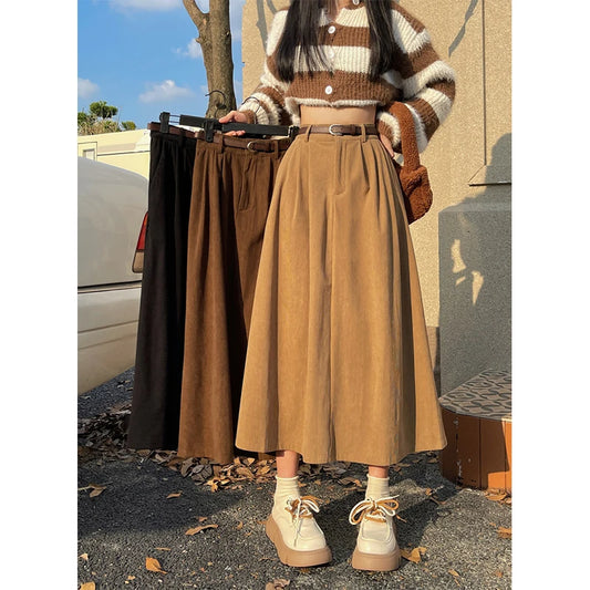 Vintage High Waist Corduroy Midi Skirt