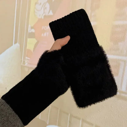 Gants d'hiver chauds en polaire de vison tricotés en peluche doux à demi-doigts pour femmes