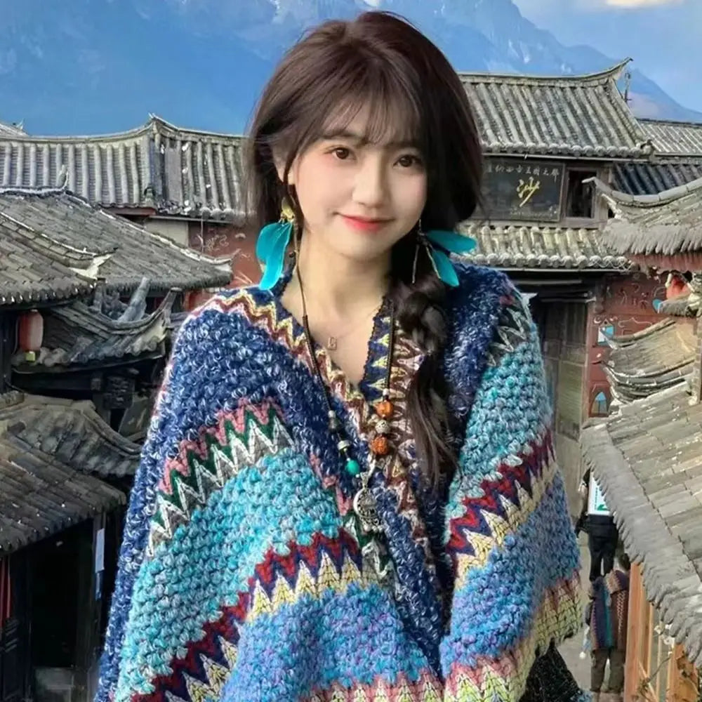 Ethnic Style Mongolian Knitted Poncho for Winter