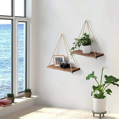 1PC Wooden Swing Hanging Hemp Rope Wall Shelves Mounted Floating Home Living Room Plant Flower