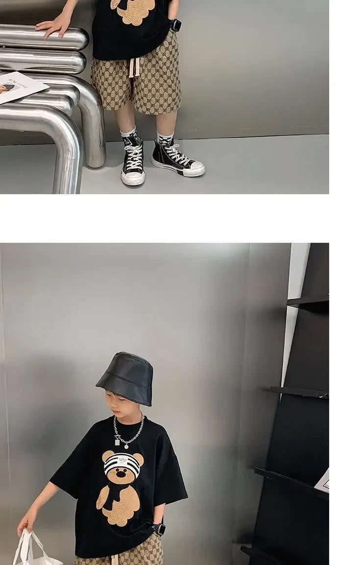 Baby Boy Cotton Embroidered Top with Brown Drawstring Pants