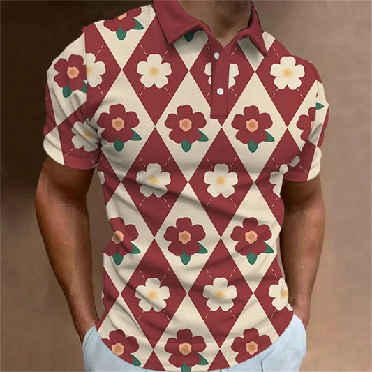 Men's Polo Shirt Fashion 3D Printed Flower Pattern Lapel Short Sleeve Top Summer New Leisure Vacation Street Breathable Clothing