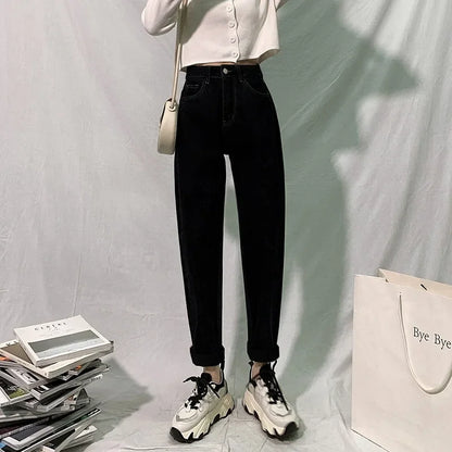 Jean amincissant taille haute pour femme, coupe ample et droite