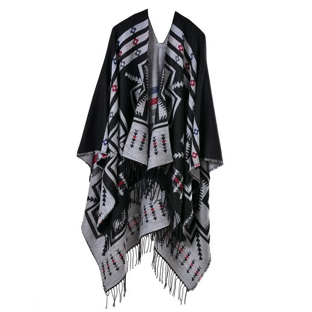 Cozy European American Cashmere Poncho with Ethnic Prints