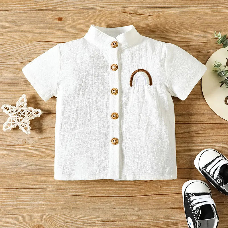 Baby Boy Cotton Embroidered Top with Brown Drawstring Pants