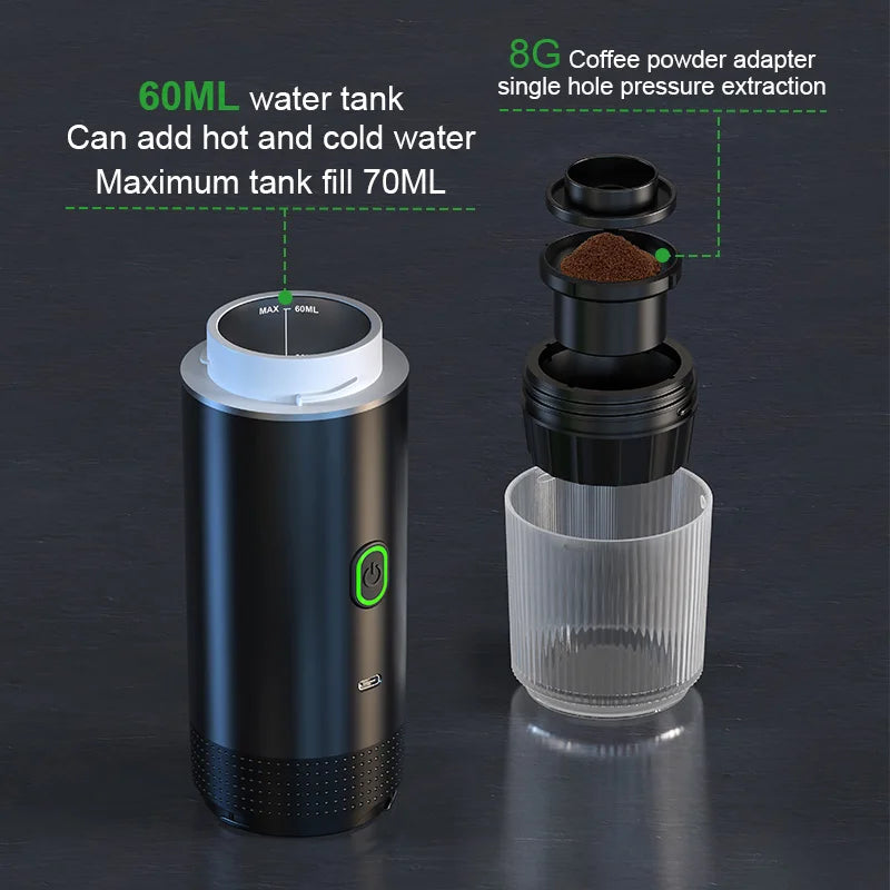 Wireless Electric Portable Espresso Coffee Machine - 3-in-1 Capsule Powder Travel Coffee Maker