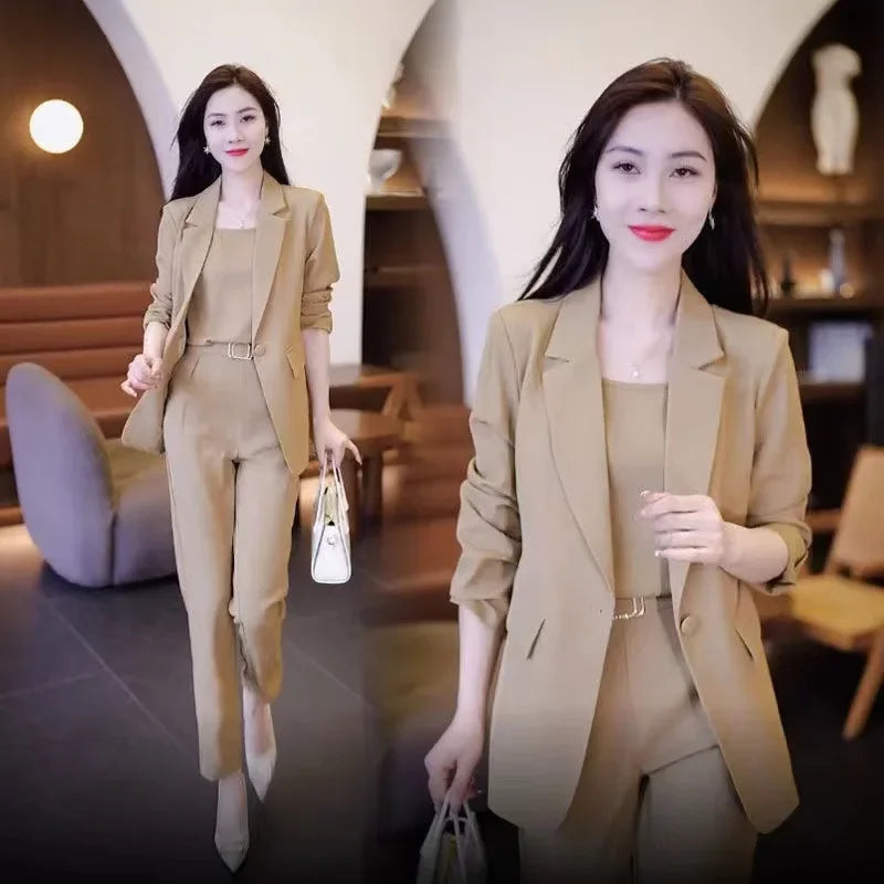 Women's Black Blazer and Wide Leg Pants Suit for Autumn Winter