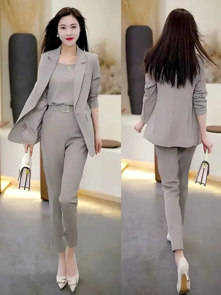 Women's Black Blazer and Wide Leg Pants Suit for Autumn Winter