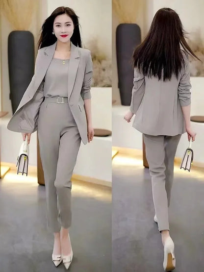 Women's Black Blazer and Wide Leg Pants Suit for Autumn Winter