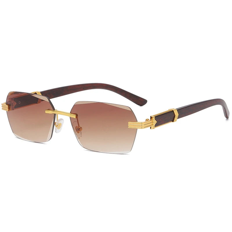 Retro Square Rimless Sunglasses Fashionable Wooden Gradient Eyewear