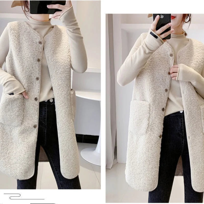 Stylish Medium-Length Lamb Wool Vest Jacket