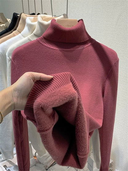 Cozy Velvet-Lined Turtleneck Winter Sweater
