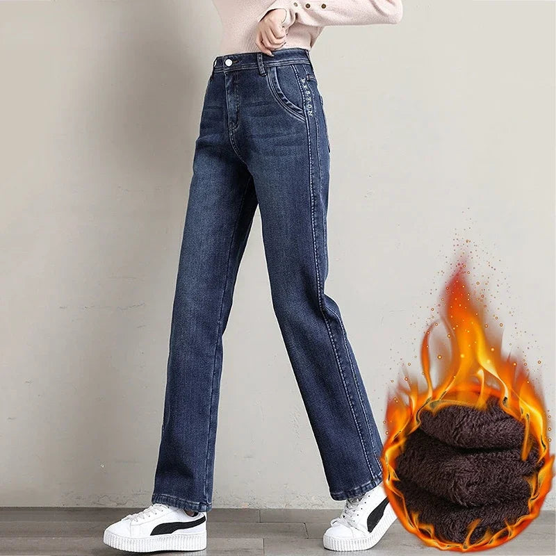 New Winter Classic High Waist Fleece Jeans for Women