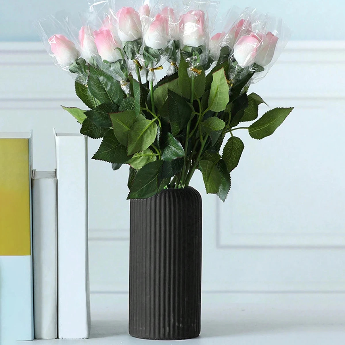 Striped Ceramic-Like Plastic Vase for Floral Display