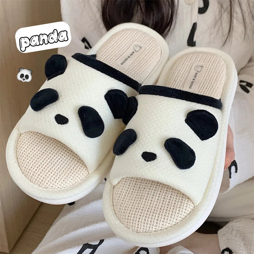 Cute Cartoon Panda Linen Slippers for Women