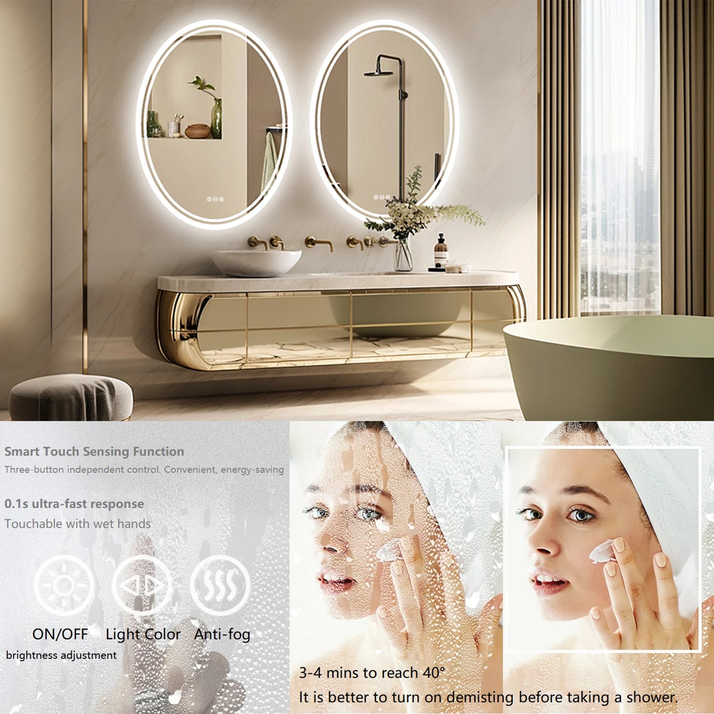 LED Bathroom Mirror Backlit Round  Lights Vanity Mirror - Wall Mounted Anti-Fog Lighted Bathroom Mirror