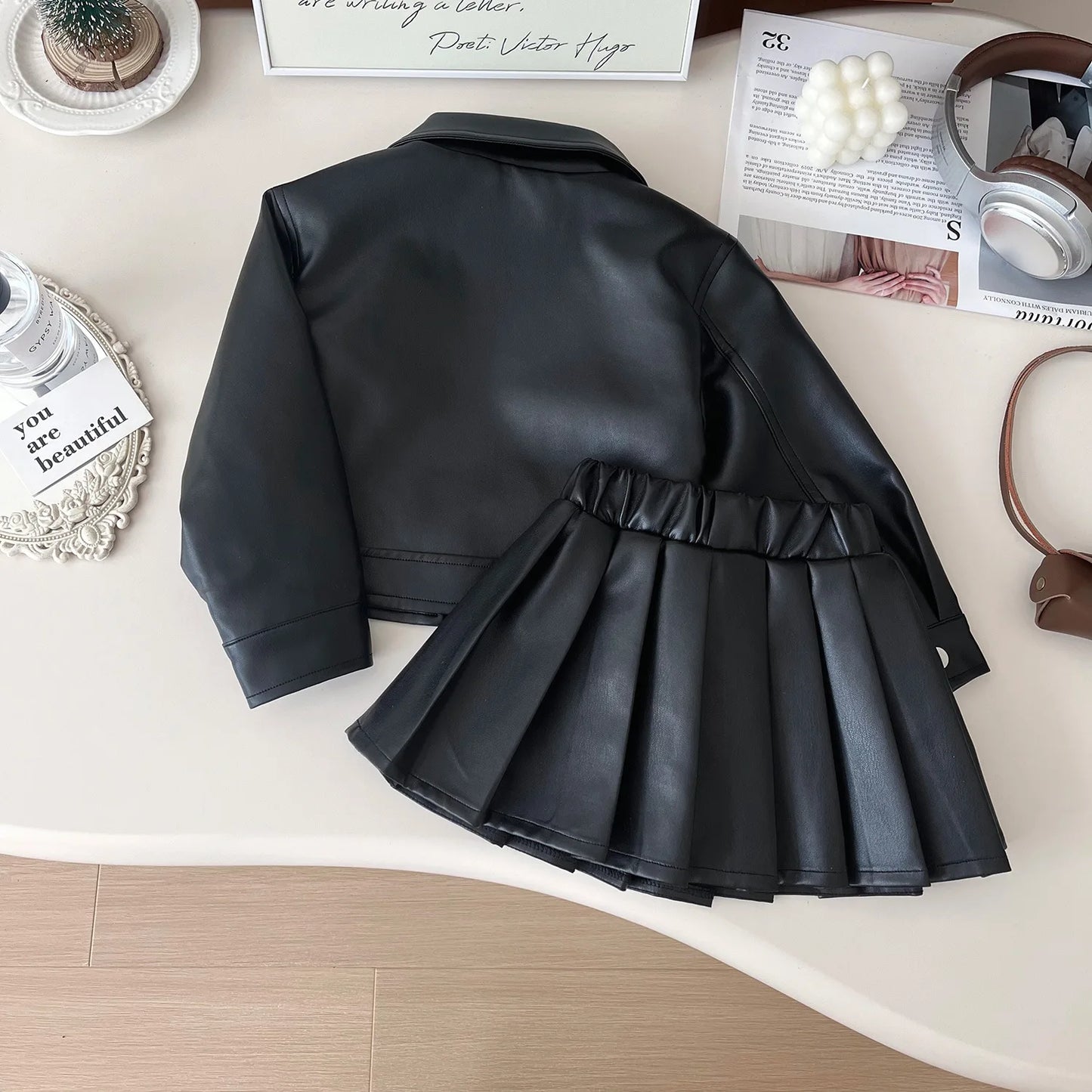 Girls Leather Jacket Set - Pleated Skirt Two-piece Set