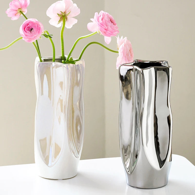 Exquisite Electroplated Silver CeramicInterior Decoration  Vase Set