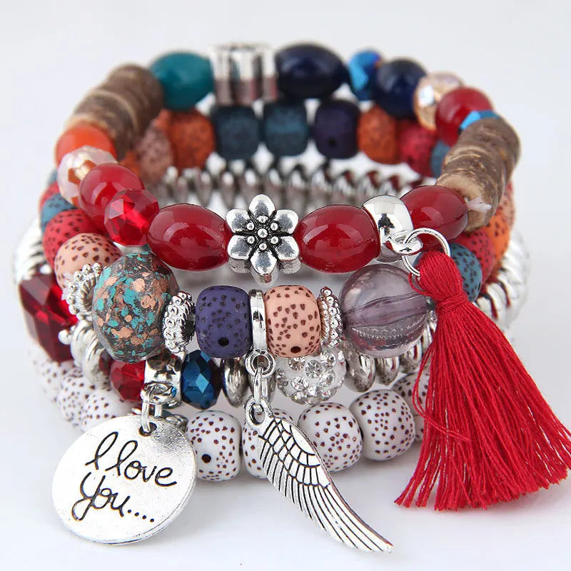 Elastic Multicolor Crystal Beads Bracelet Tassel Wing Letters