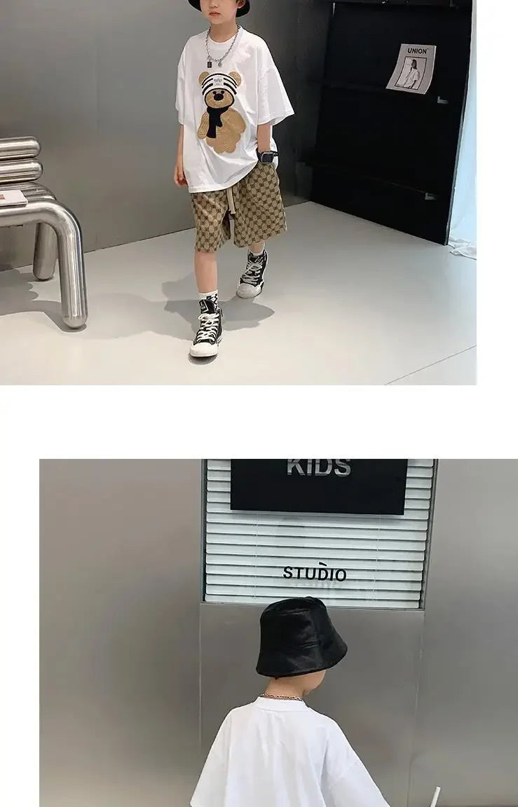 Baby Boy Cotton Embroidered Top with Brown Drawstring Pants