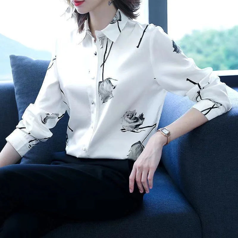 Women Long Sleeve Turn-down Collar Printed Blouse Tops